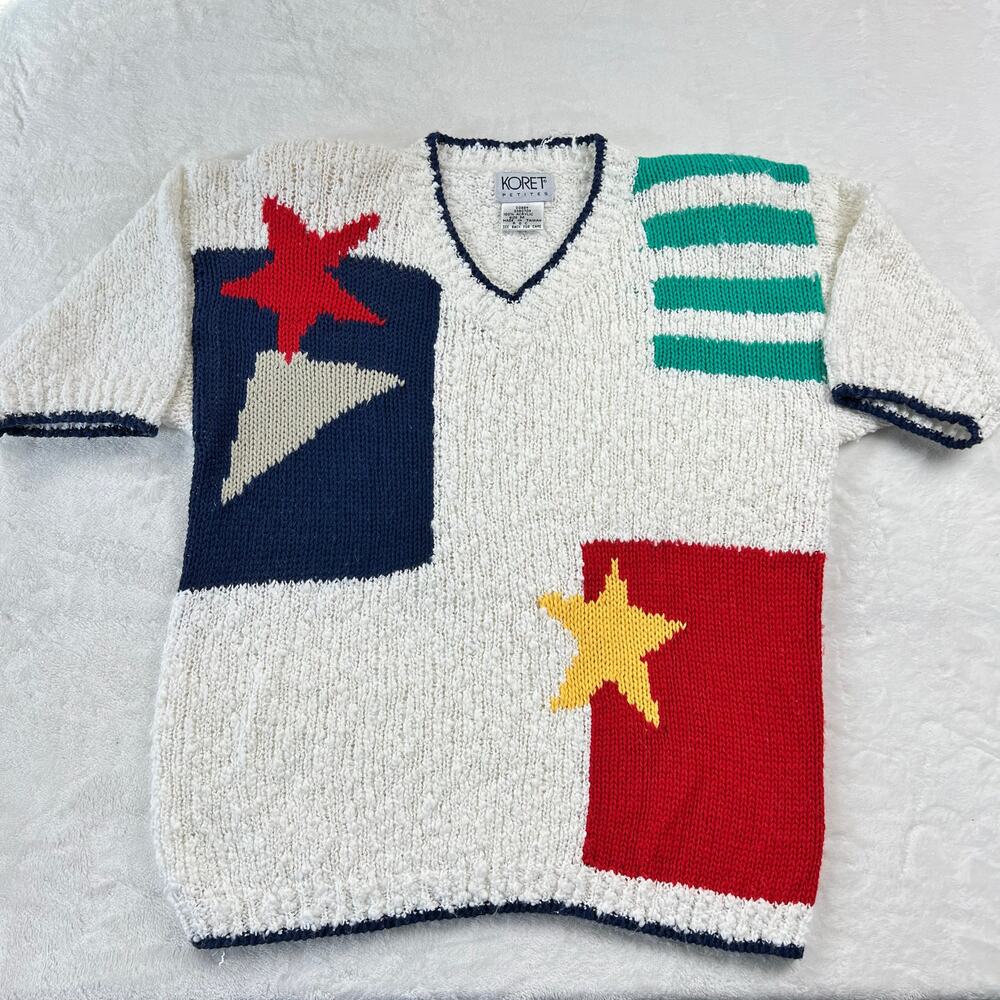 Koret Petites Vintage V-Neck Sweater Shirt 1980's Color Block Stars Women's Med